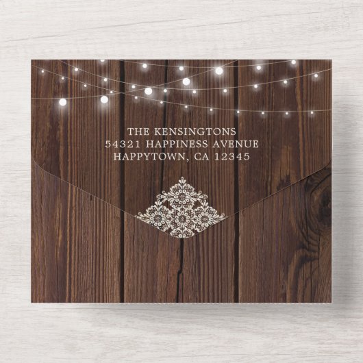 Rustic Wood String Lights Wedding All In One Uitnodiging (Achterkant)