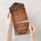 Rustic Wood String Lights Wedding All In One Uitnodiging (Afscheurbaar)