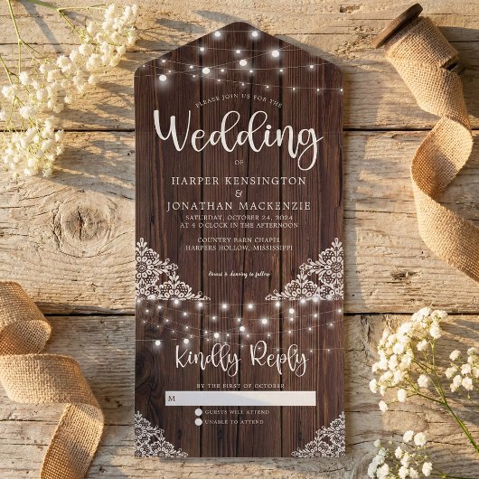 Rustic Wood String Lights Wedding All In One Uitnodiging