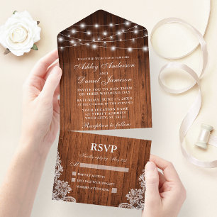 Rustic Wood String Lights Wedding All In One Uitnodiging