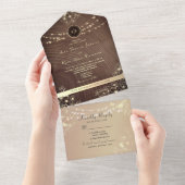 Rustic Wood String Lights Wedding All In One Uitnodiging (Afscheurbaar)