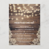 Rustic Wood & String Lights Wedding Announcement Uitnodiging Briefkaart (Voorkant)