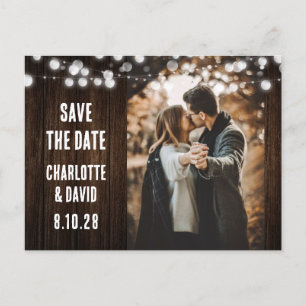 Rustic Wood String Lights Wedding Foto Aankondigingskaart