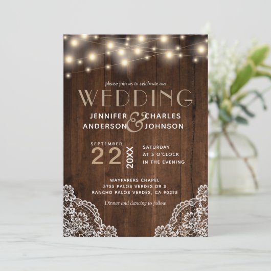 Rustic Wood String Lights Wedding Kaart (Staand voorkant)