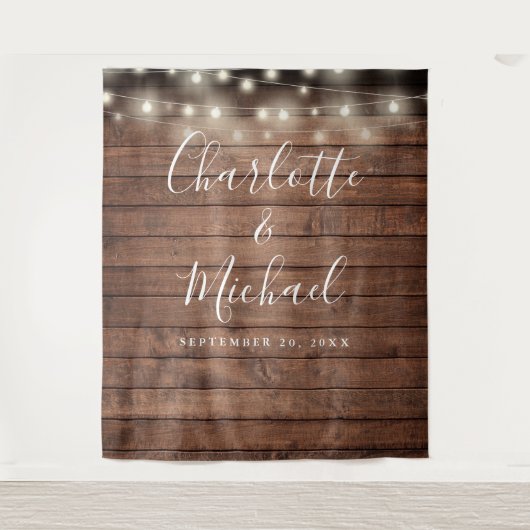 Rustic Wood String Lights Wedding Photo Backdrop Wandkleed (Voorkant)