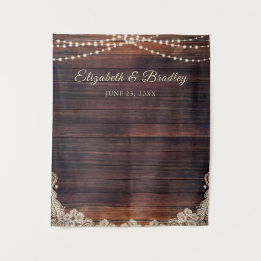 Rustic Wood String Lights Wedding Photo Backdrop Wandkleed (Voorkant)
