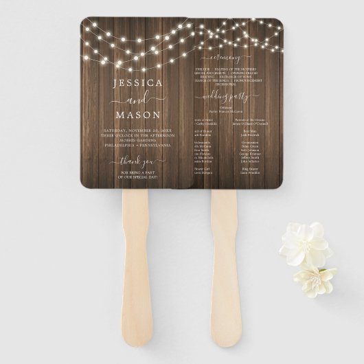 Rustic Wood String Lights Wedding Program Fan Handwaaier (Voorkant en achterkant)