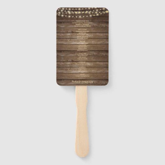 Rustic Wood String Lights Wedding Programme Handwaaier (Achterkant)