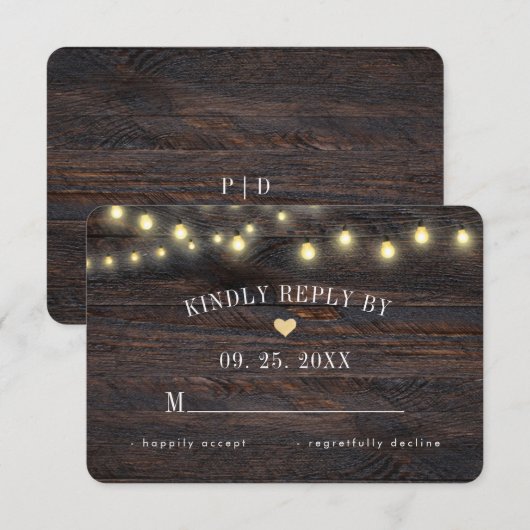 Rustic Wood String Lights Wedding Response Kaart (Voorkant / Achterkant)