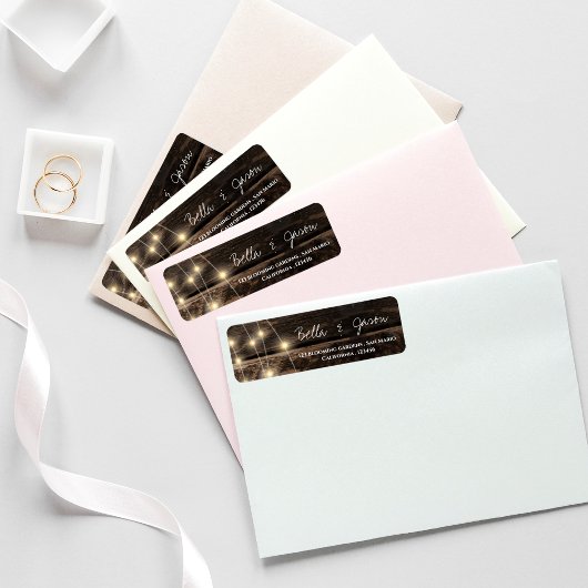 Rustic Wood String Lights Wedding Return Address Etiket
