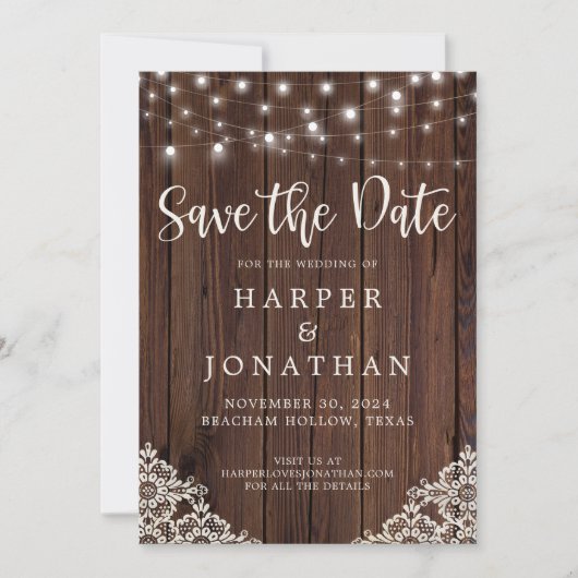 Rustic Wood String Lights Wedding Save the Date (Voorkant)