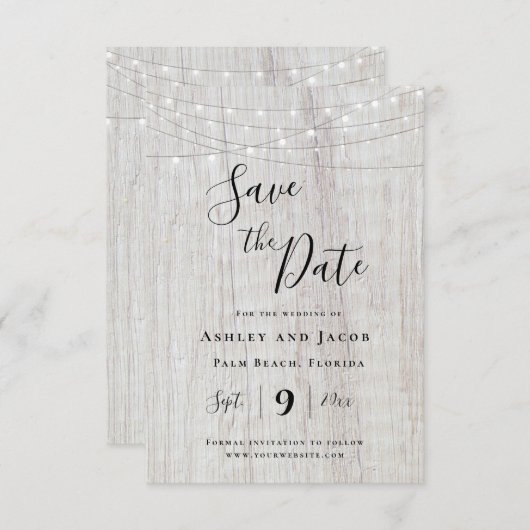 Rustic Wood String Lights Wedding Save the Date (Voorkant / Achterkant)