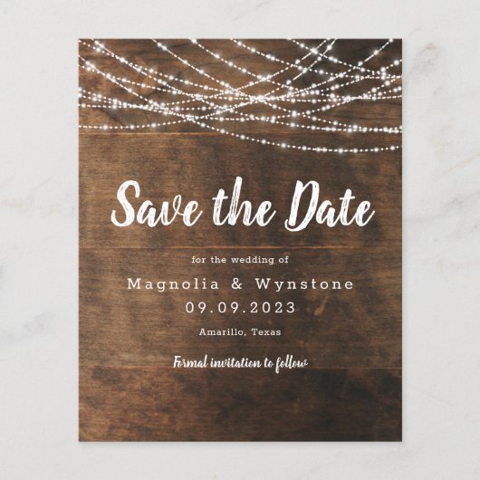 Rustic Wood String Lights Wedding Save the Date (Voorkant)