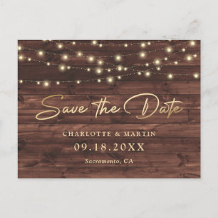 Rustic Wood String Lights Wedding Save the Date Aankondigingskaart