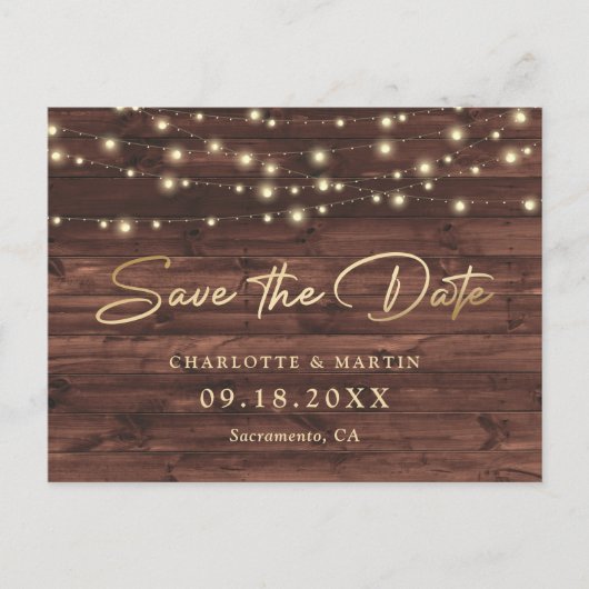 Rustic Wood String Lights Wedding Save the Date Aankondigingskaart (Voorkant)