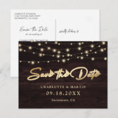 Rustic Wood String Lights Wedding Save the Date Aankondigingskaart (Voorkant / Achterkant)
