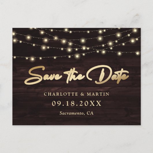 Rustic Wood String Lights Wedding Save the Date Aankondigingskaart (Voorkant)