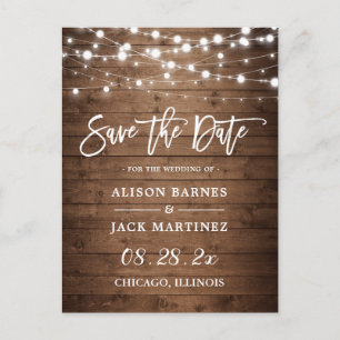 Rustic Wood String Lights Wedding Save the Date Briefkaart