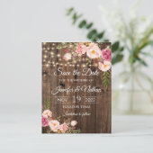 Rustic Wood String Lights Wedding Save the Date Briefkaart (Staand voorkant)