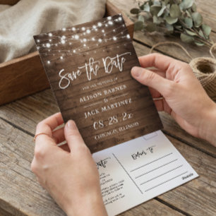 Rustic Wood String Lights Wedding Save the Date Briefkaart