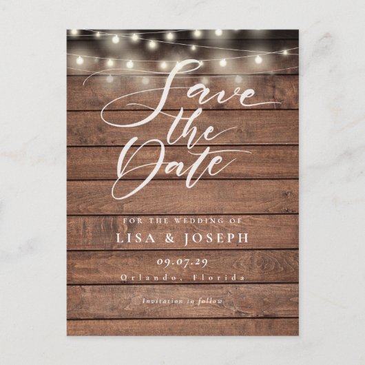 Rustic Wood String Lights Wedding Save the Date Briefkaart (Voorkant)