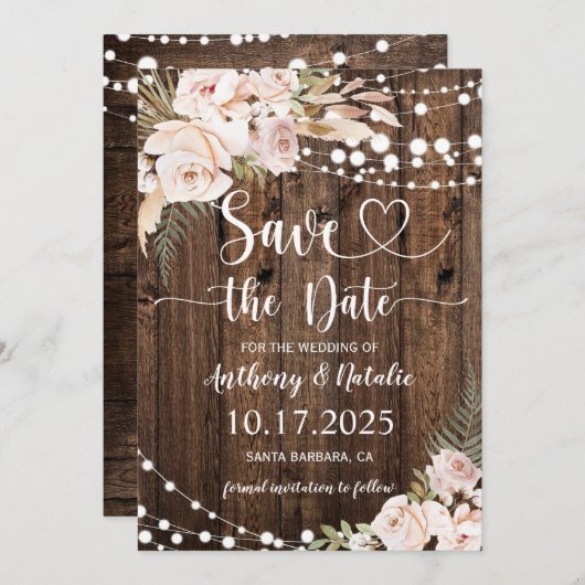 Rustic Wood String Lights Wedding Save the Date Kaart (Voorkant / Achterkant)