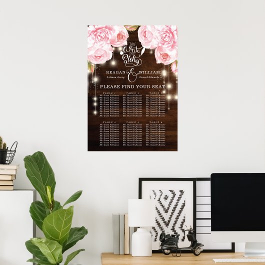Rustic Wood String Lights Wedding Seating Charts Poster (Thuiskantoor)