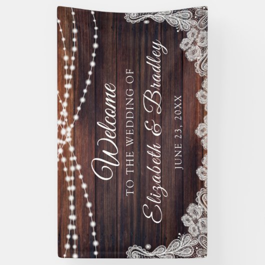 Rustic Wood String Lights Wedding Spandoek (Verticaal)