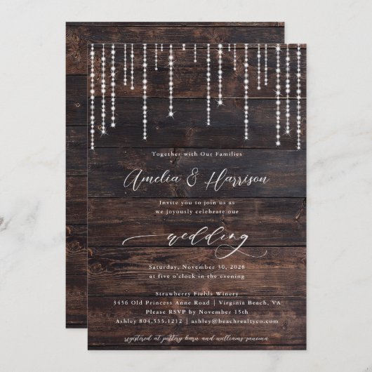 Rustic Wood String Lights Wedding Uitnodiging (Voorkant / Achterkant)