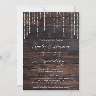 Rustic Wood String Lights Wedding Uitnodiging