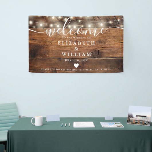 Rustic Wood String Lights Wedding Welcome Spandoek (Beurs)