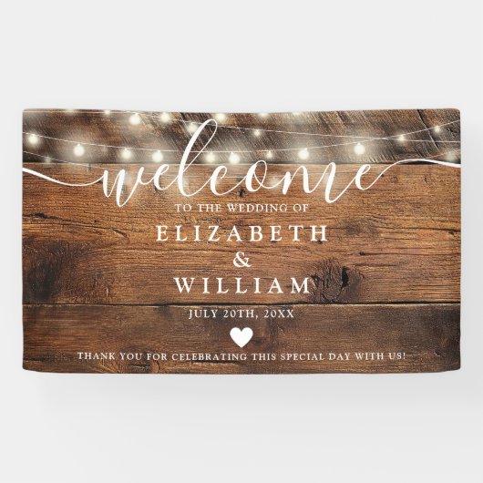 Rustic Wood String Lights Wedding Welcome Spandoek (Horizontaal)