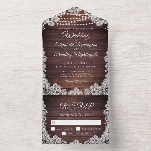 Rustic Wood String Lights White Lace All In One Uitnodiging (Binnen)