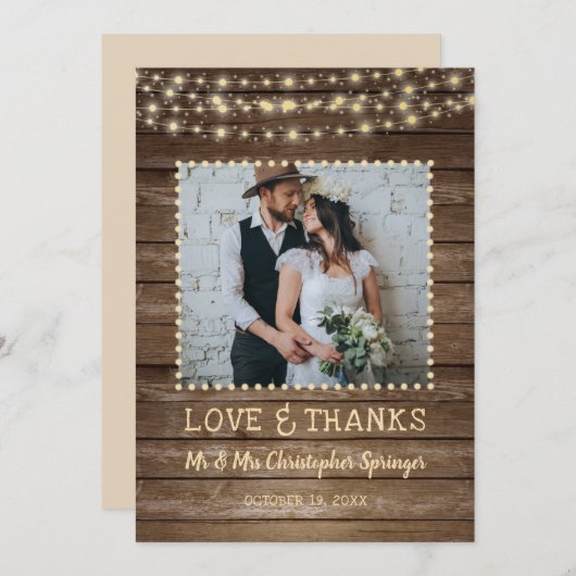 Rustic Wood String Lumières Amour & Merci Mariage (Devant / Derrière)