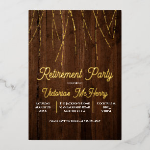 Rustic Wood String of Light Retirement Party Folie Uitnodiging