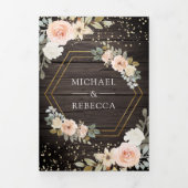 Rustic Wood Stusty Peach Floral QR Code Weddenscha Drieluik Uitnodiging (Cover)