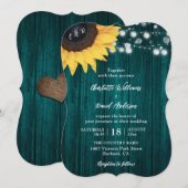 Rustic Wood Sunflower Blauwgroen Wedding Invitatio Kaart (Voorkant / Achterkant)
