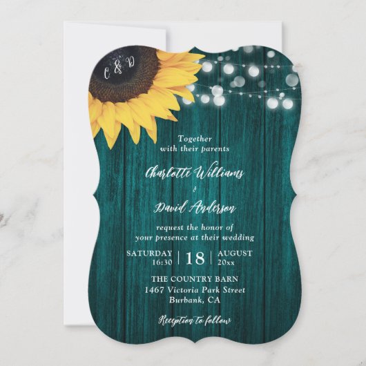Rustic Wood Sunflower Blauwgroen Wedding Invitatio Kaart (Voorkant)