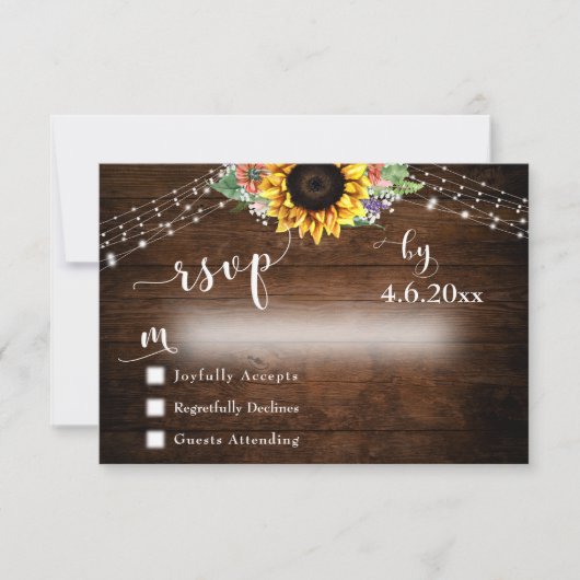 Rustic Wood Sunflower Bouquet & Lights Wedding RSVP Kaartje (Voorkant)