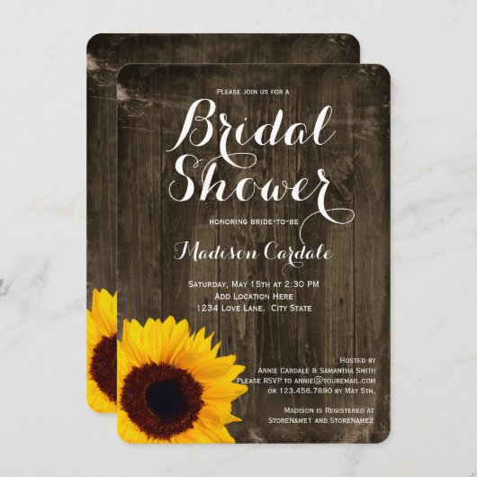 Rustic Wood Sunflower Bridal Shower Invitations Kaart (Voorkant / Achterkant)