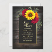 Rustic Wood Sunflower Burgundy Roos Wedding Save Save The Date (Voorkant)