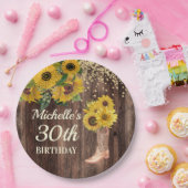 Rustic Wood Sunflower Cowboy Boots 30th Birthday Papieren Bordje (Feest)
