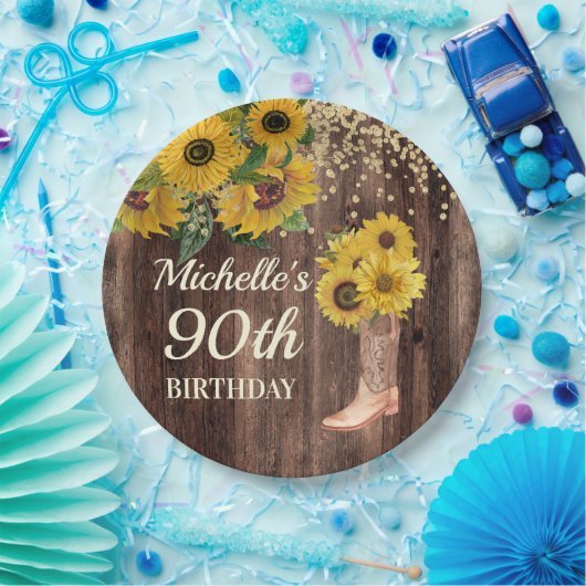 Rustic Wood Sunflower Cowboy Boots 90th Birthday Papieren Bordje (Feest)