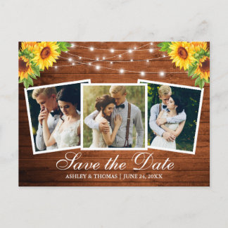 Rustic Wood Sunflower Floral 3 Foto Save the Date Uitnodiging Briefkaart