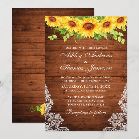 Rustic Wood Sunflower Floral Greenery Lace Kaart (Voorkant / Achterkant)