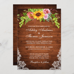 Rustic Wood Sunflower Floral Lace Wedding Kaart