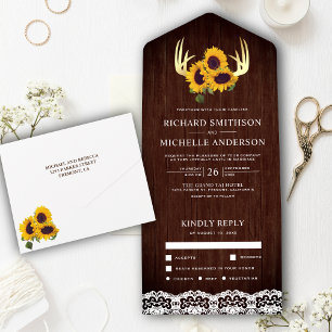 Rustic Wood Sunflower Gold Deer Antlers Weddenscha All In One Uitnodiging