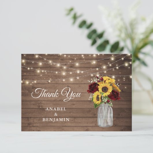 Rustic Wood Sunflower Mason Jar Wedding Bedankt (Staand voorkant)