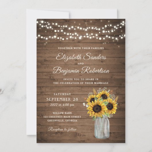 Rustic Wood Sunflower Mason Jar Wedding Kaart (Voorkant)