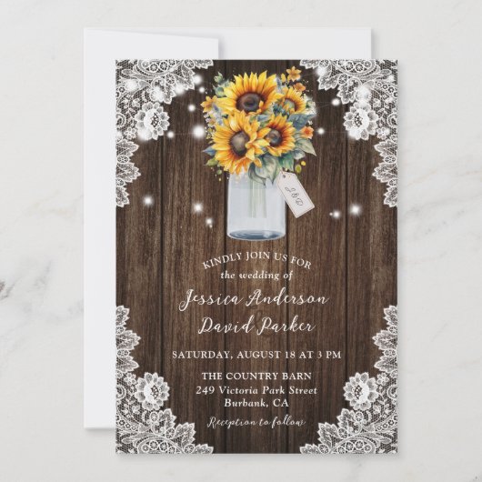 Rustic Wood Sunflower Mason Jar Wedding Kaart (Voorkant)